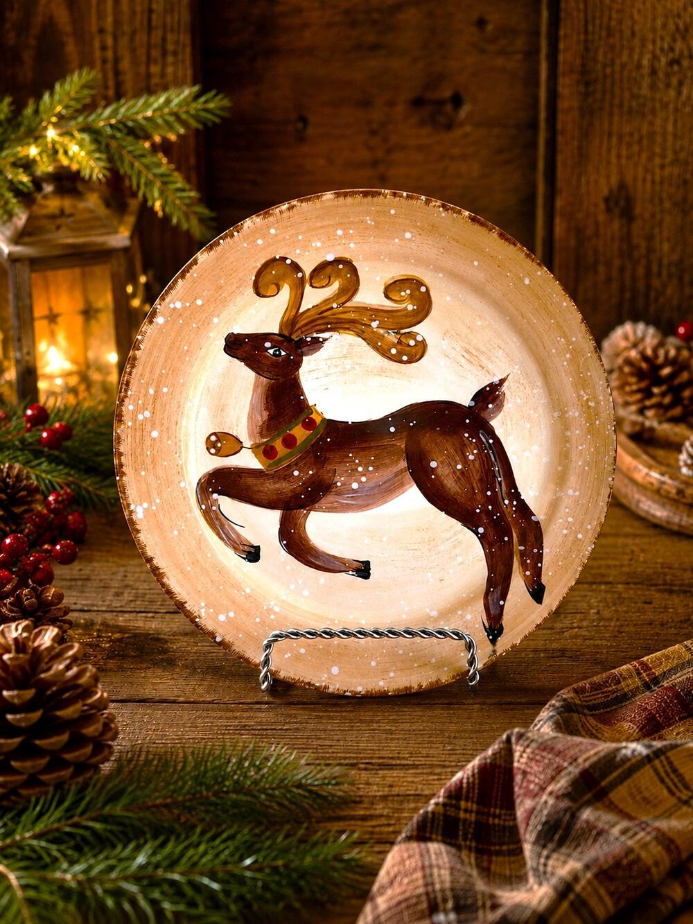 Tabletops Gallery Winter Wonderland Reindeer Plate Hand Painted Christmas 8.5"